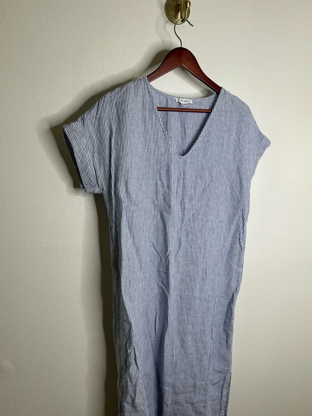 Pure Navy 100% Linen Blue White Striped V - Neck Shift Tunic Midi Dress